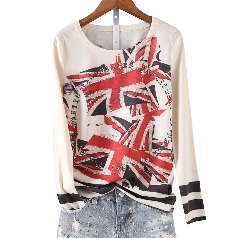 Женская футболка с длинным рукавом винтажный топ круглым вырезом и принтом в