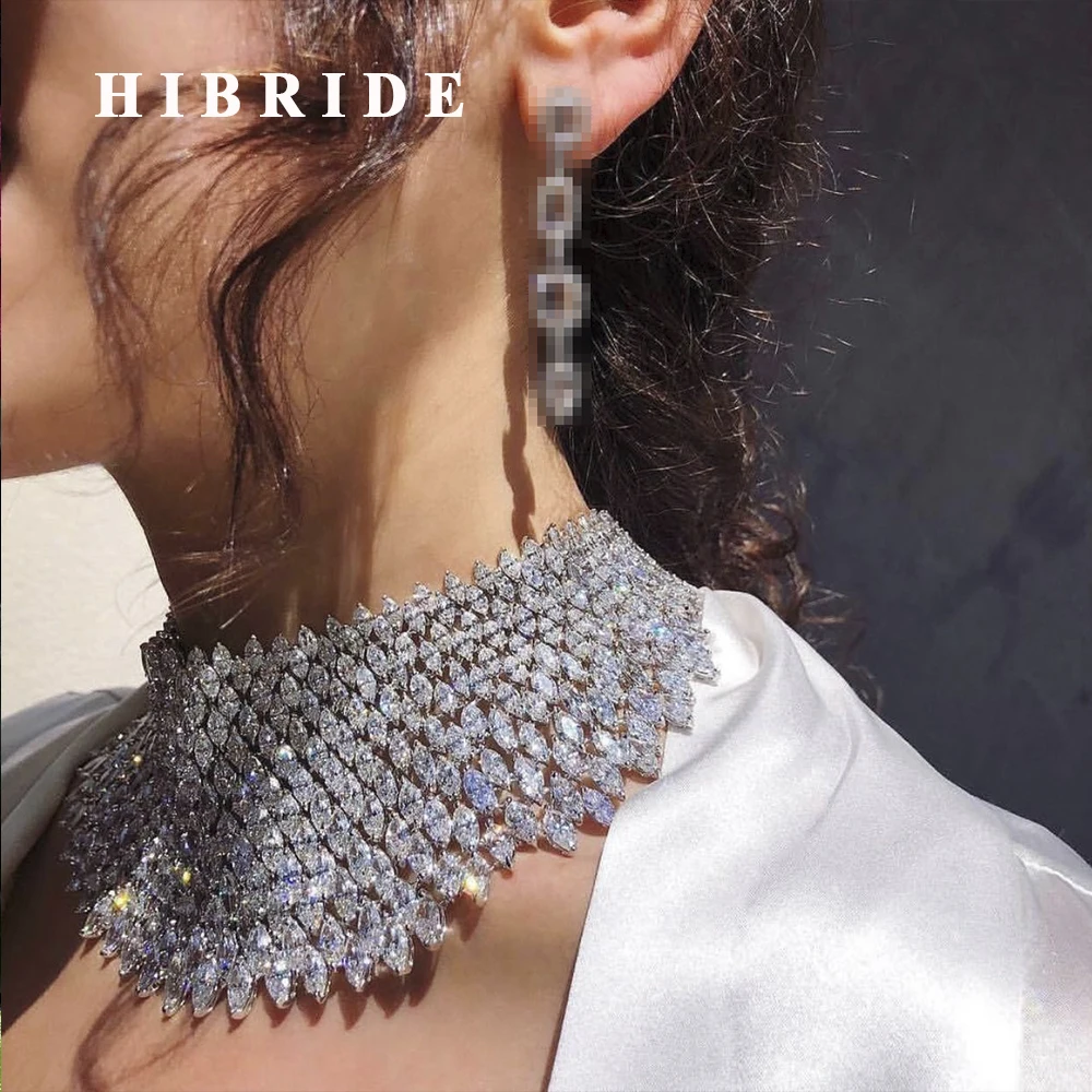 

HIBRIDE Exclusive Luxury Sparking Brilliant Chocker Cubic Zircon Clear Necklace Earrings Wedding Bridal Jewelry Sets N-72