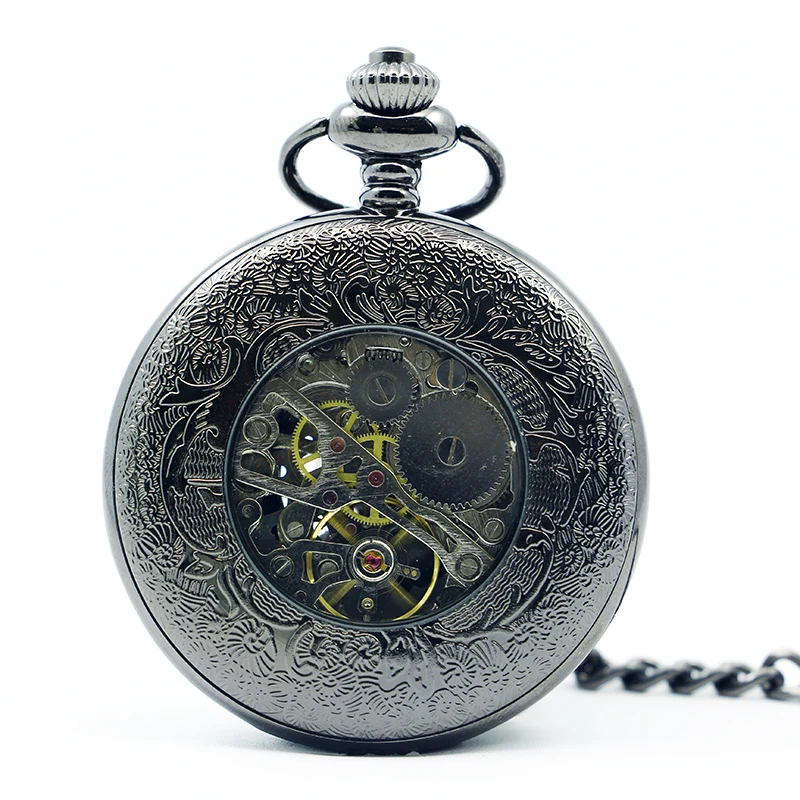 Classic Black Automatic Winding Roman Numerals Mechanical Pocket Watch Antique Steampunk Hollow with Chain Pendant Men's Clock