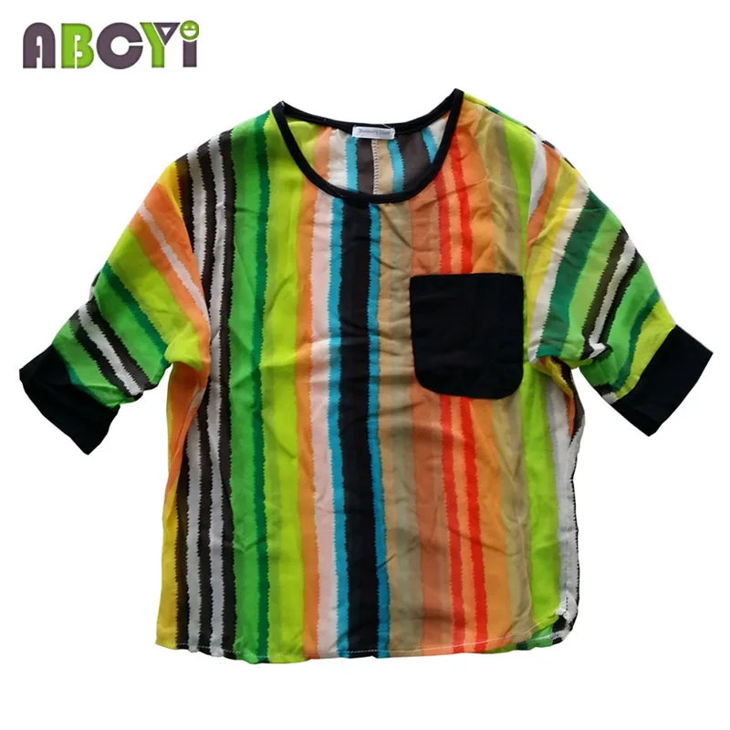 Blusas Femininas 2015 Summer Chiffon Blouse Women Patchwork Half Sleeve Pocket Vertical Striped Batwing Shirt Boho Tops A0039 |