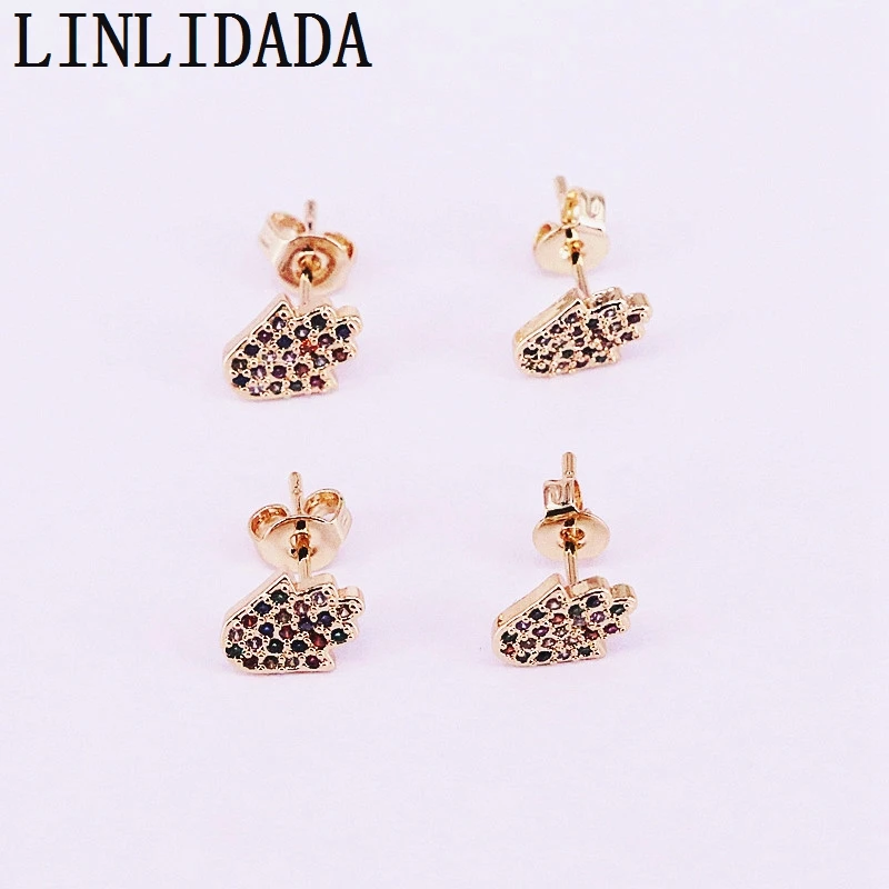 

10Pair Rainbow colorful cz paved hamsa hand gold studs earring wedding party fashion jewelry