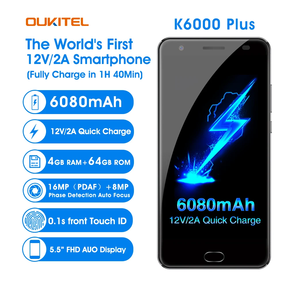 OUKITEL K6000 плюс 6080 mAh смартфон 5 'ɴG Android 7 0 MTK6750T Octa Core 1 GHz 4 GB + 64 8.0MP 16.0MP Touch TD