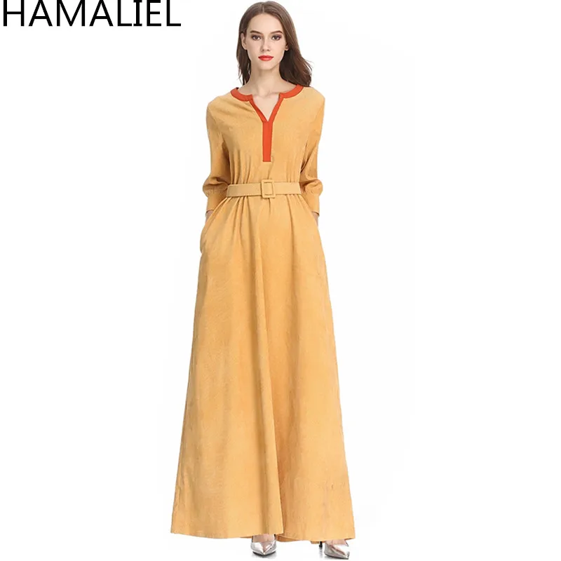 Женское длинное вельветовое вечернее платье элегантное желтое макси с рукавом