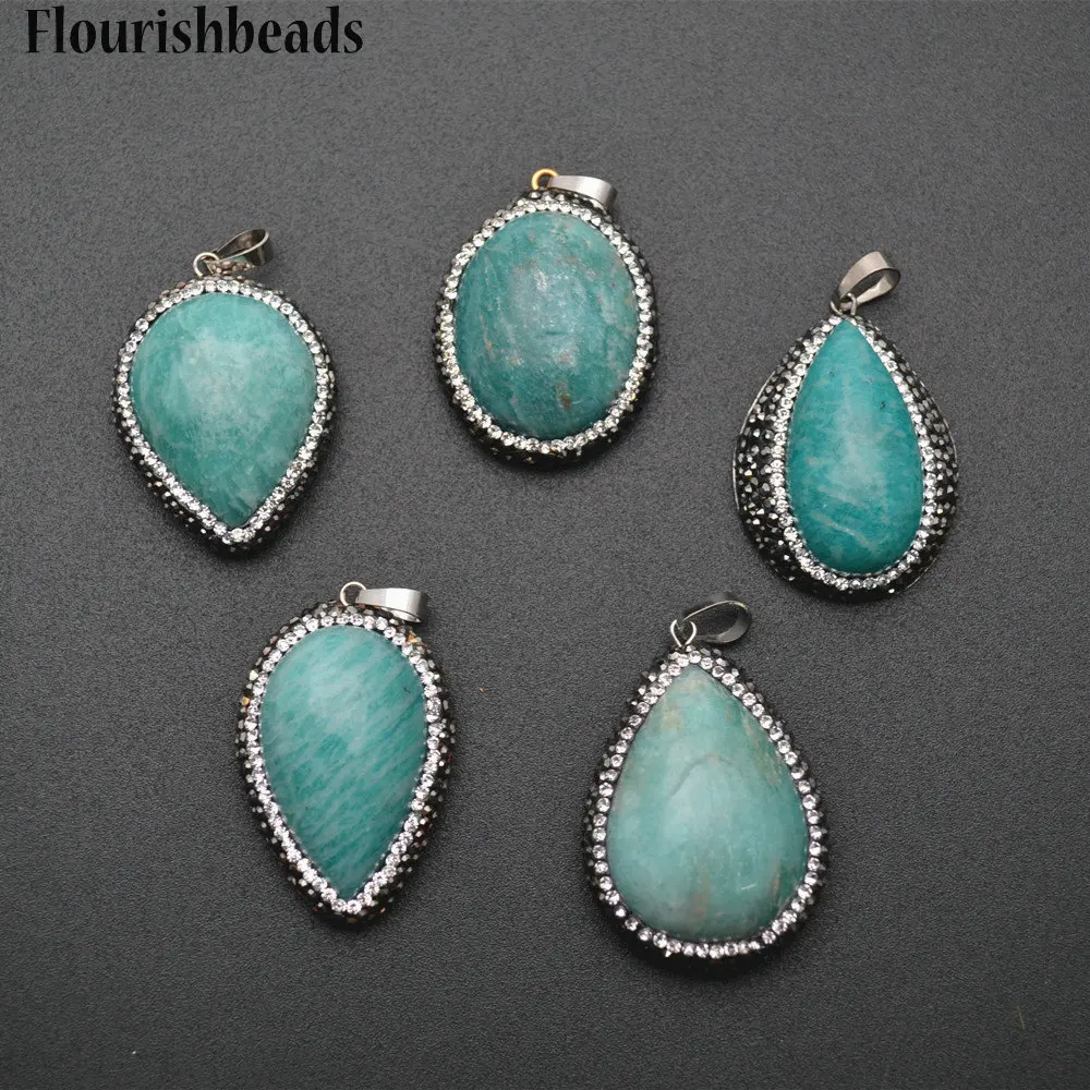 

Natural Blue Amazonite Irregular Cabochons Stone Pendant Rhinestone Setting Fashion Jewelry DIY Necklace Making Supplies
