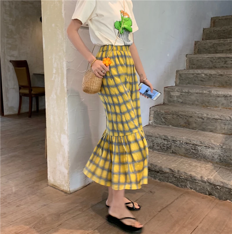 YICIYA Harajuku желтая плиссированная клетчатая длинная юбка в корейском винтажном стиле с высокой талией клетчатая юбка с эластичной талией Женская