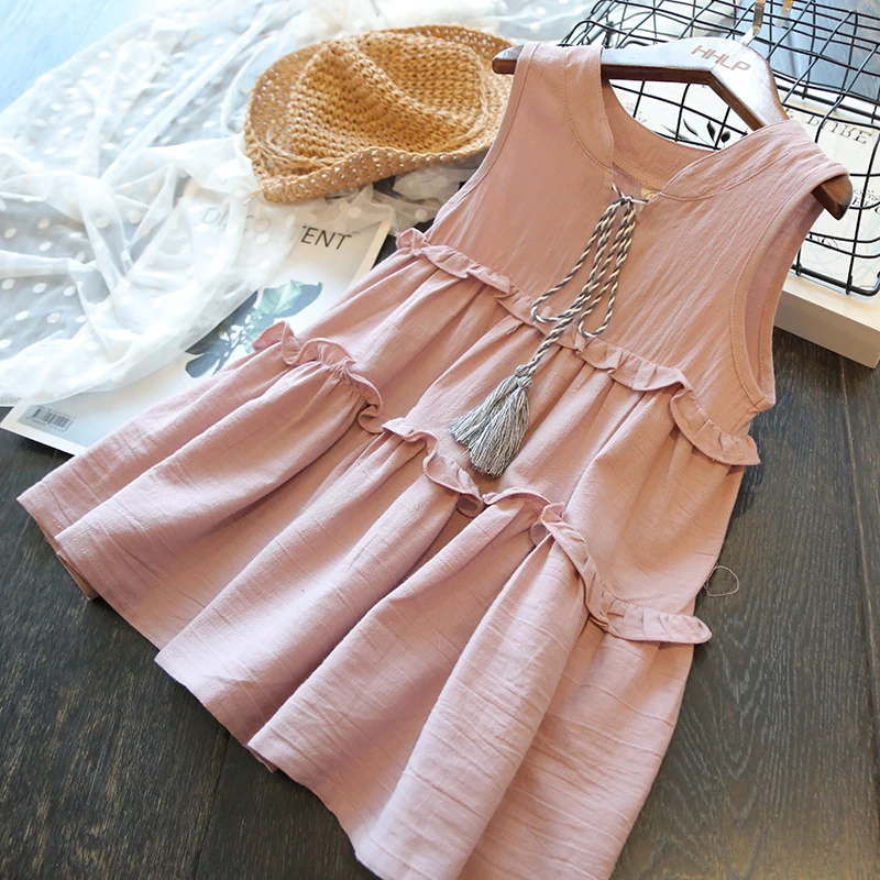 Baby Girl Sleeveless Vest Dress Children Summer Cotton Linen Cake Kids Vintage Loose Tassel Design Dresses for Casual | Детская одежда