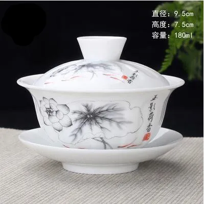 Ручная роспись тушью Лотос керамический фарфор Gaiwan китайский чайный набор кунг-фу ручной работы чайная посуда Tureen Sancai чайная чашка пуэр чайник - Цвет: 180ml