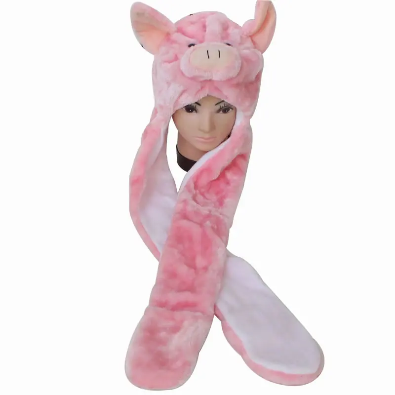 Pink Pig Новинка, мягкая теплая шапка в виде животного, панда, Ститч, жираф, милая мультяшная плюшевая шапка, наушники с длинным шарфом, перчатки для женщин, мужчин, взрослых, детей - Цвет: Pink Pig