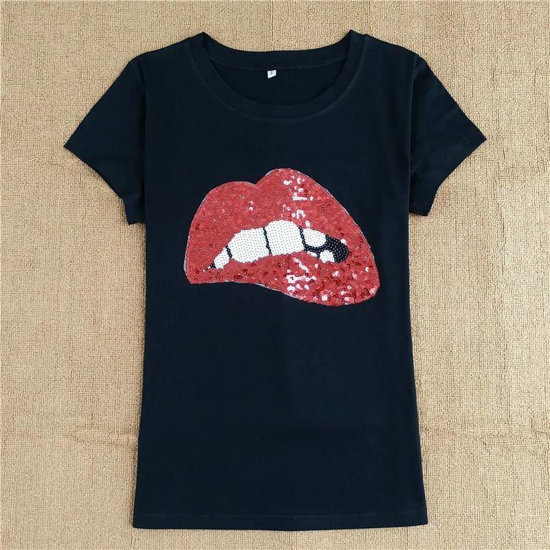 Hot Sale 2022 New Fashion Casual Printed Women's T-shirts Brand Summer Short Sleeve Loose Top Tee Shirt Lips sequins Z026 | Женская