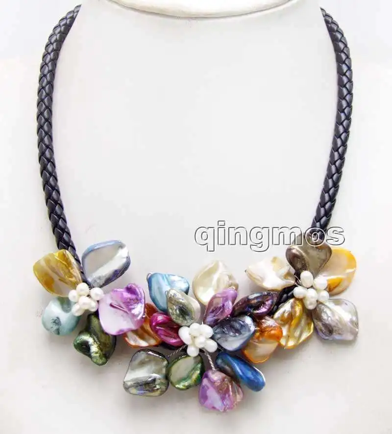 

Big 1 piece 70mm and 2 piece 50mm Multicolor Baroque Shell Flower and Natural Pearl pendant Black 6mm Rope 18'' Necklace-nec6361