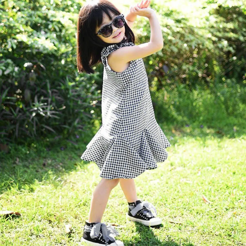 Fashsiualy Girls Summer Baby Dress Kids Clothes Toddler Sleeveless Plaid Print Pleated Dresses | Детская одежда и обувь