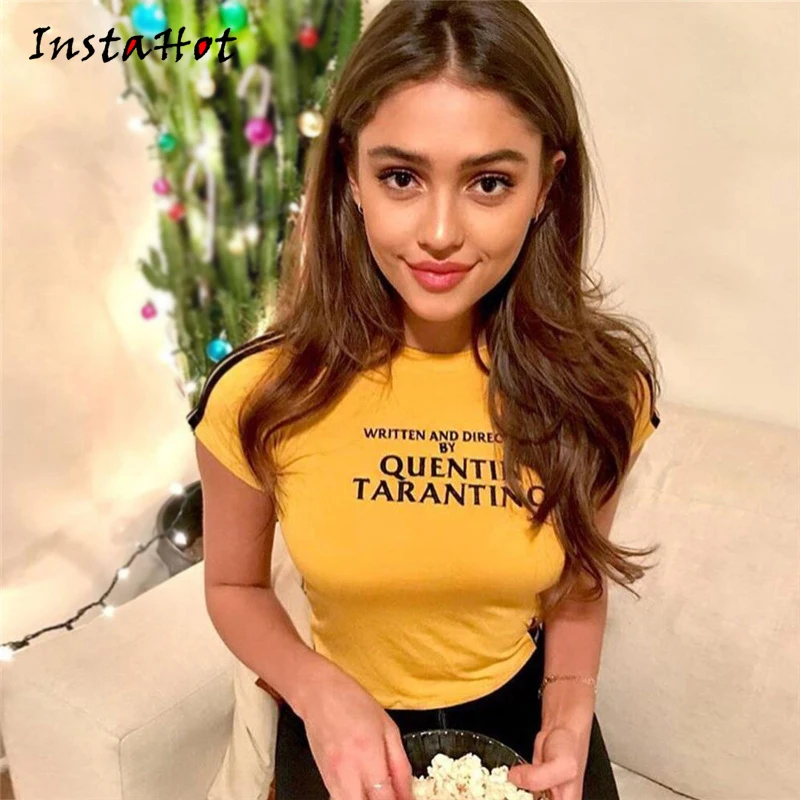 InstaHot Квентин Тарантино топы с принтом женские короткие футболки топы с полосками сбоку хлопковые трикотажные безрукавки лета2018 желтые брендовые топы