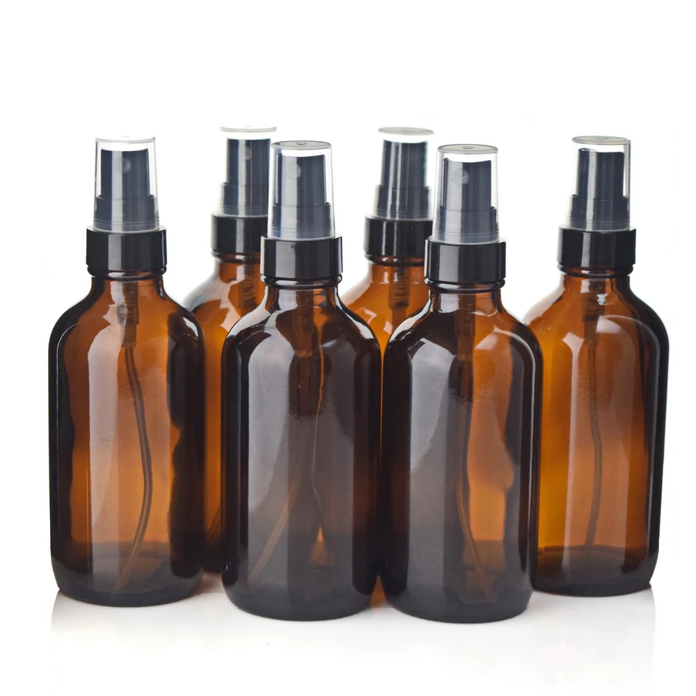 Бутылочки бостонские круглые из янтарного стекла, 120 мл, 6 шт., 4 унции, с черным мелким распылителем для ароматерапии, чистящие эфирные масла
