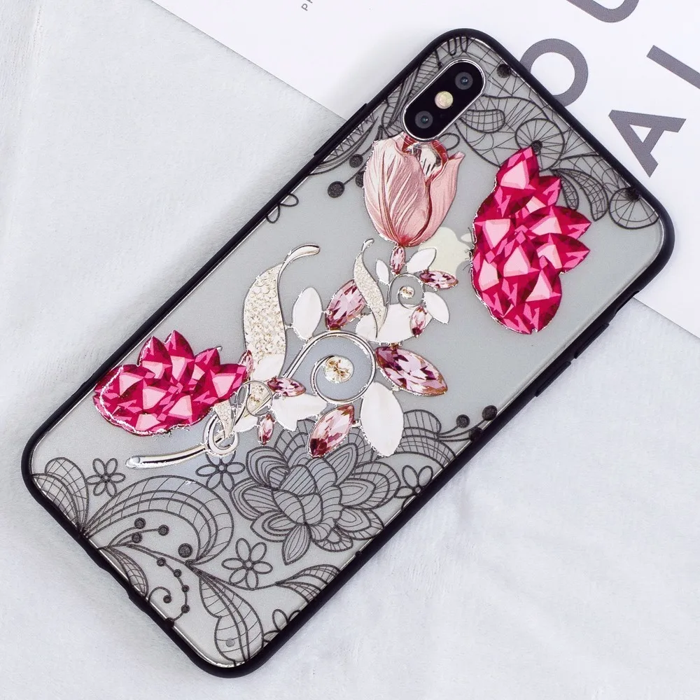 Чехол для Телефона iPhone X XS XR Max 3D Алмазная кружевная Цветочная задняя крышка чехол