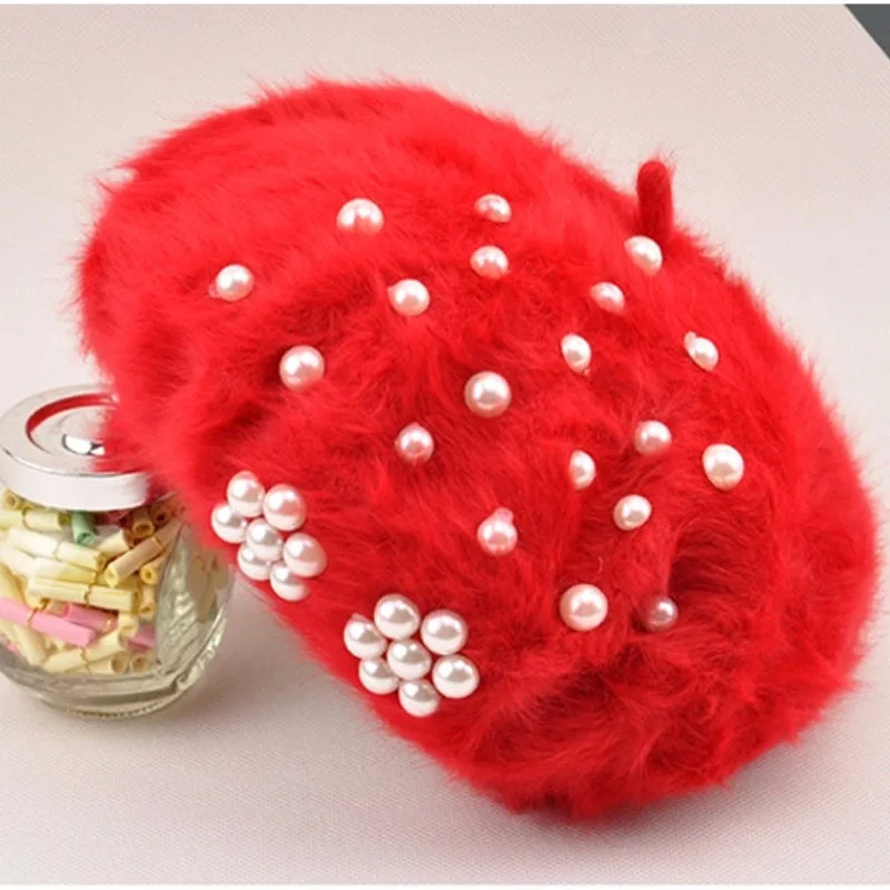 red Jiexijie, шапка из кроличьей шерсти, зимняя, теплая, перламутровая шапка, шапка для женщин, женская, лыжная шапка, берет, шапка для девочек, Новое поступление - Цвет: red