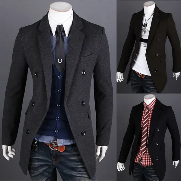 

New fashion Mens Long Trench Coat Suit Collar Double Breasted Size M-XXL