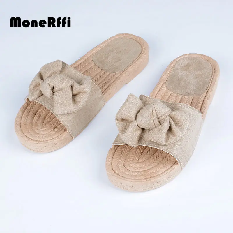MoneRffi/Модные женские пляжные сандалии с бантиком уличные льняные Вьетнамки