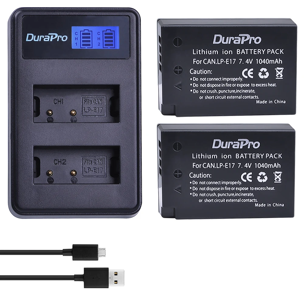 Аккумулятор DuraPro 1040 мАч 2 батареи LPE17 LP E17 + двойное зарядное устройство USB с ЖК