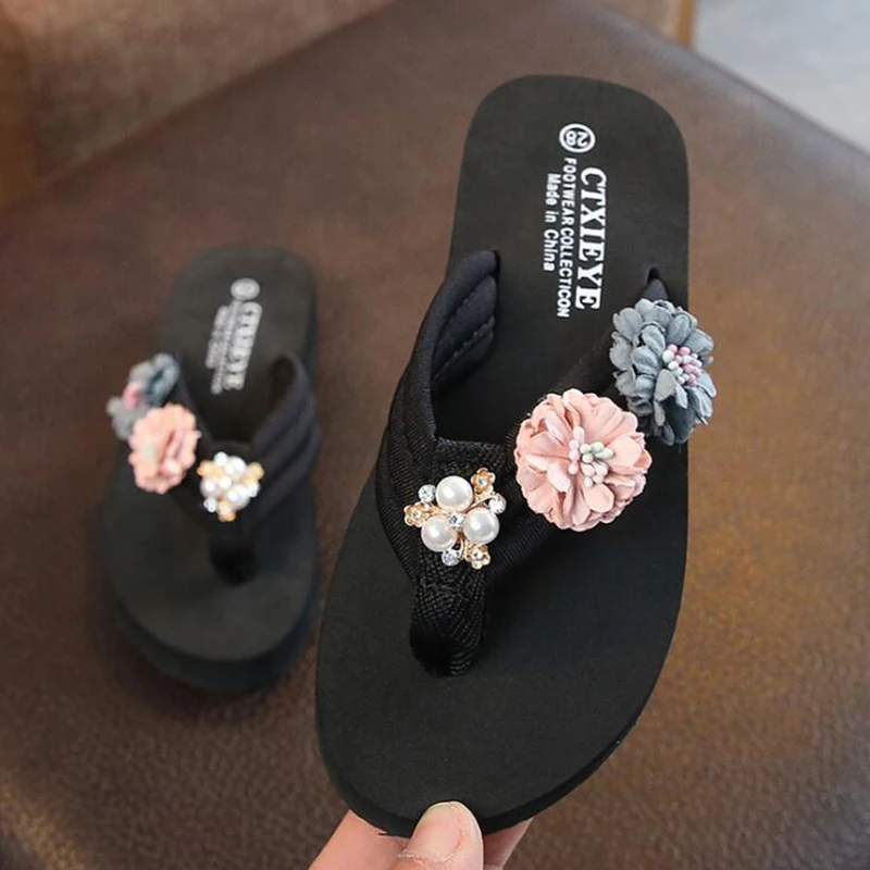 Сандалии для девочек пляжные тапочки с жемчугом кристаллами обувь принцессы