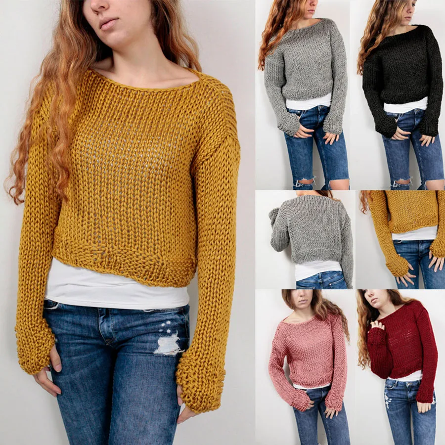 

Autumn Winter 2019 New Women Pullover Cropped Sweater Knitted Hollow Out Jumpers Knitwear Crop Tops Sweaters With Thumb Hole