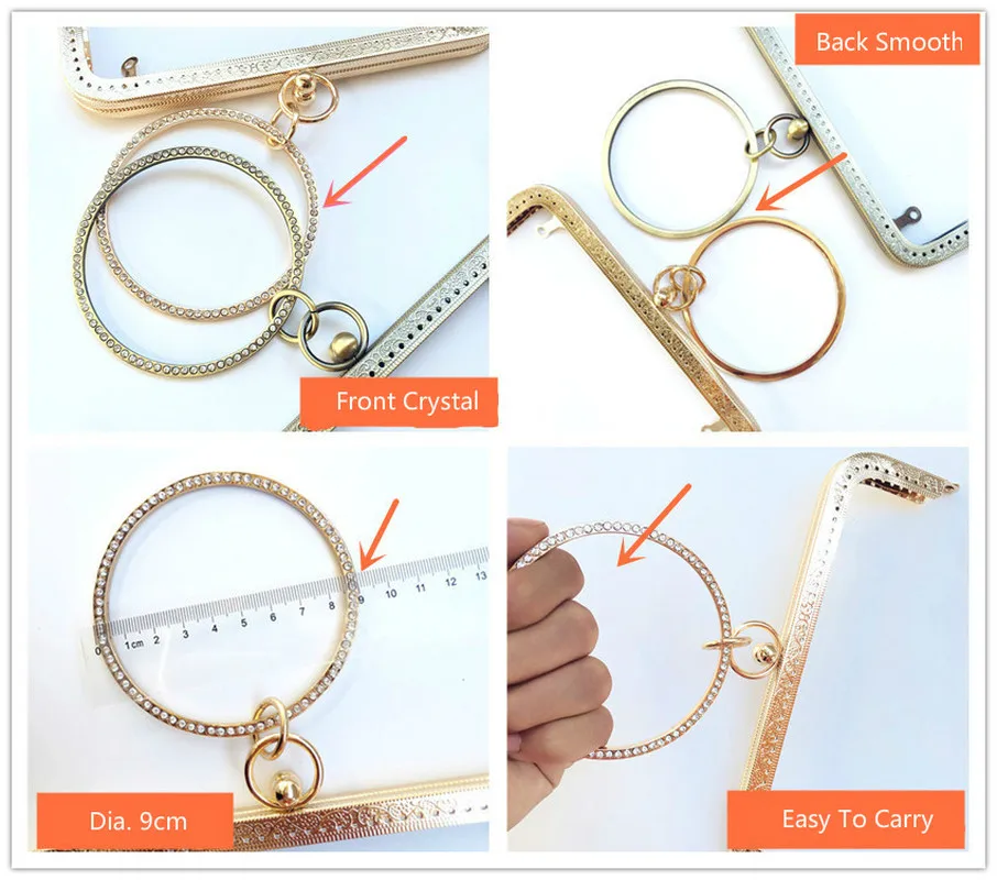 

2PCS L Shape Metal Purse Frames Phone Bag Clutch Handles Buckles Crystal Circle Kiss Clasps Luggage Hardware Accessories 18.5cm