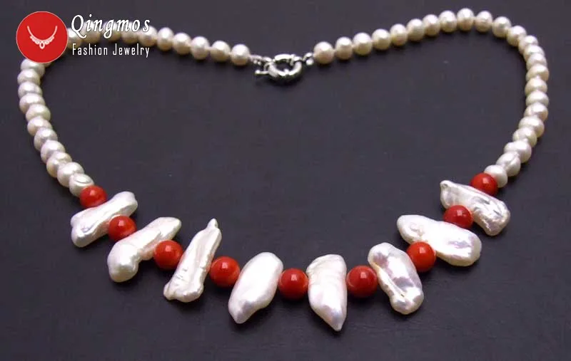 Qingmos Natural Pearl Necklace for Women with 6-7mm Round &amp12-15mm Biwa &amp 6mm Red Coral Jewelry 17'' Nec6126 | Украшения и