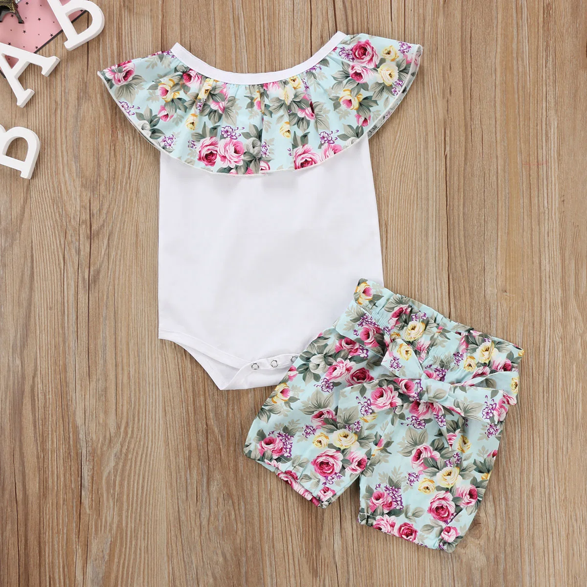 Newborn Fashion Infant Baby Girl Romper Ruffles Flower Tops Floral Shorts 2Pcs Set Outfit Clothes 0-24M |