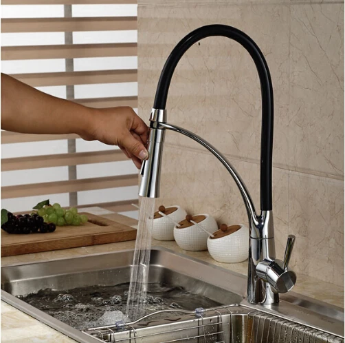 

Black and Chrome Finish Kitchen Sink Faucet Deck Mount Pull Out Dual Sprayer Nozzle Hot and Cold kitchen faucet