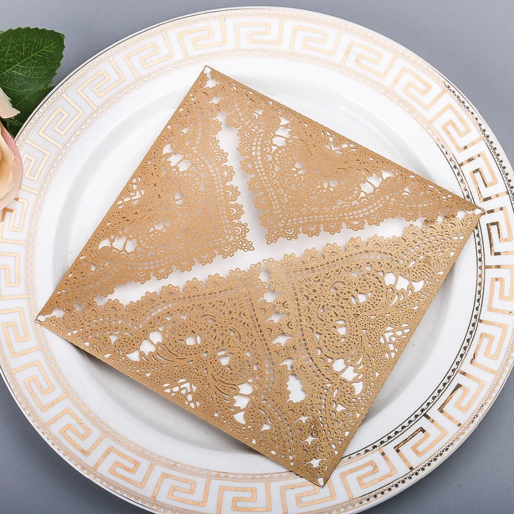 H&ampD 24pcs Vintage Wedding Invitations Cards with Laser Cut Lace Flower for Bridal Shower Party Decoration (Champagne) | Дом и сад