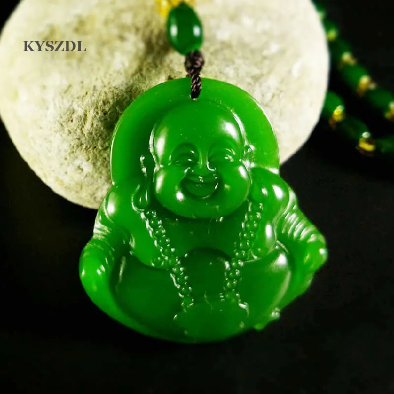 

KYSZDL 40mmX44mm Imperial Green stone Buddha Bead Pendant 1PCS with free beads necklace rope