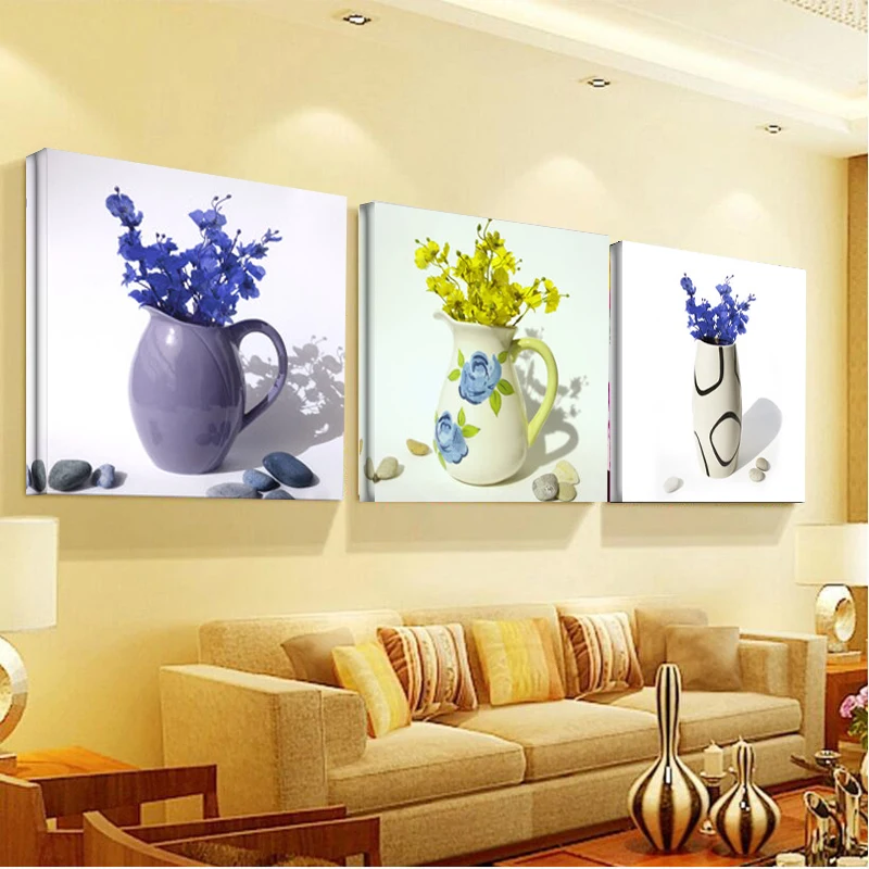 Three-picture Home Decor Creative Canvas Painting Combination Paintings Wall Pictures Living Room Wedding Blue vase flower | Дом и сад