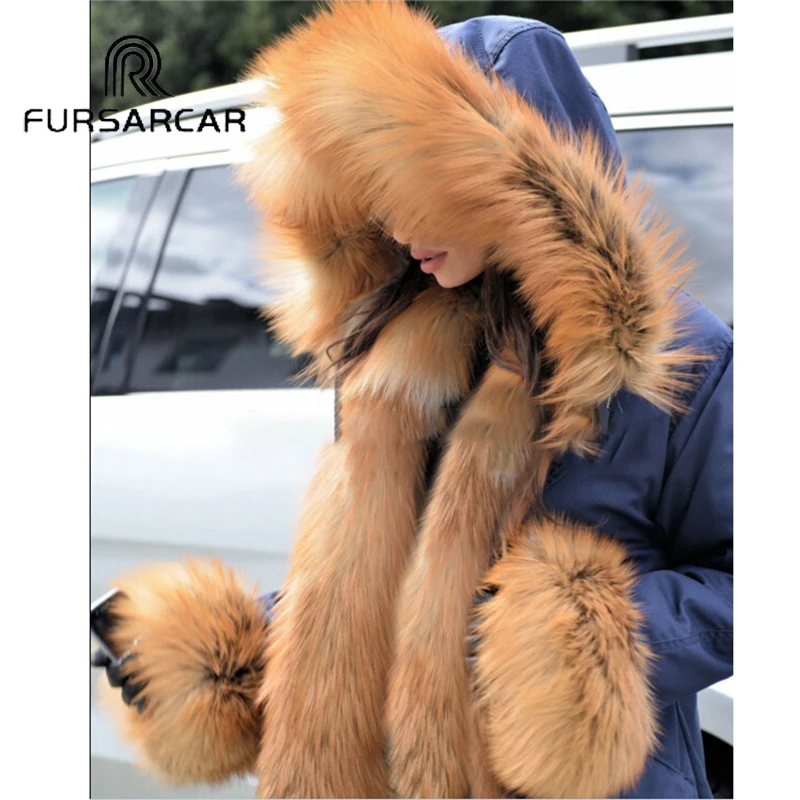 FURSARCAR женское роскошное пальто из натурального меха средней длины парка с