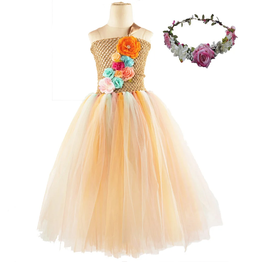 Flower Girls Dress Однотонное свадебное платье с цветочным узором для девочек милое рождественское платье-пачка для детей 12 лет костюм принцессы Vestido с венком, Детский комплект - Цвет: Flower Girls Dress
