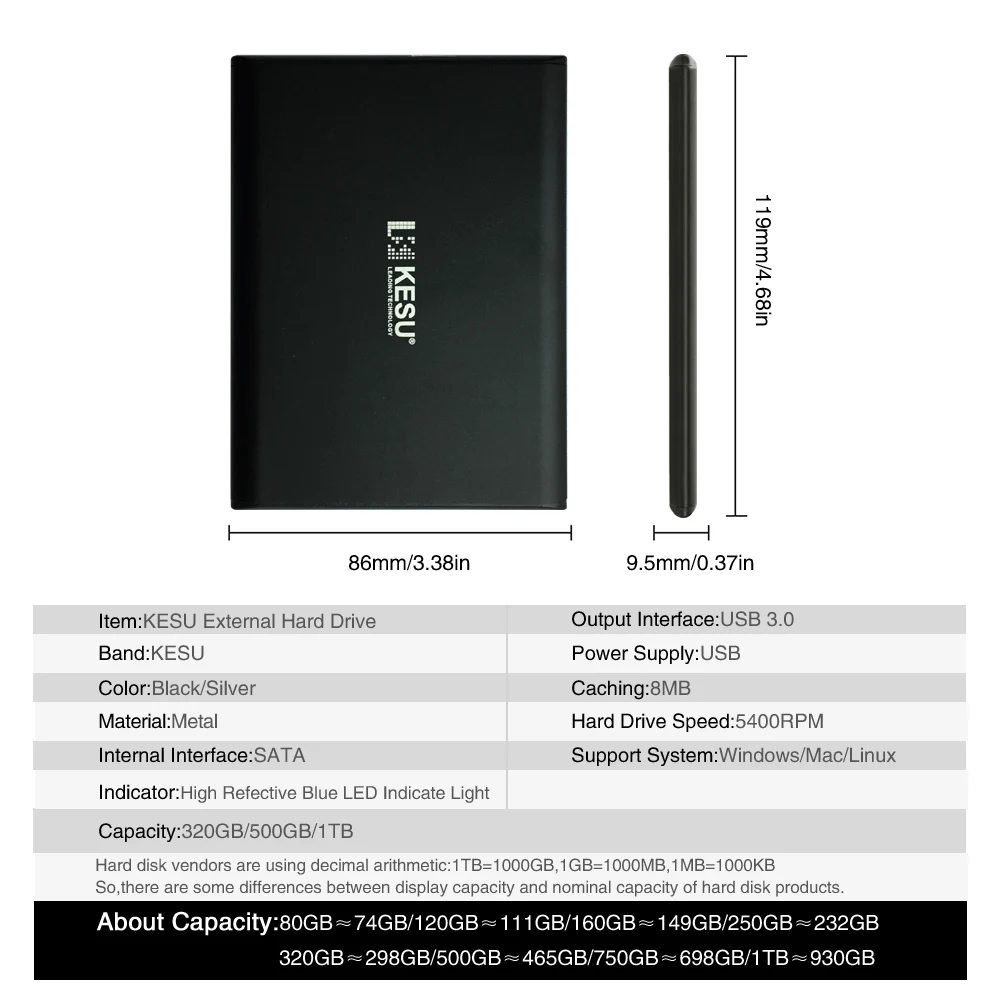 Кесу HDD 320 ГБ 500 1 ТБ 2 ТБ USB3.0 тонкий внешний жесткий диск HD для ПК/Mac Рабочий стол для ноутбука, Xbox, PS4, ТВ коробка