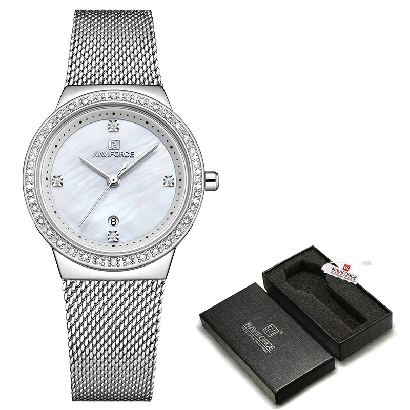 Silver White -Box Бренд NAVIFORCE, роскошные часы для женщин, модная одежда, кварцевые наручные часы, женские водонепроницаемые часы из нержавеющей стали, Relogio Feminino - Цвет: Silver White -Box