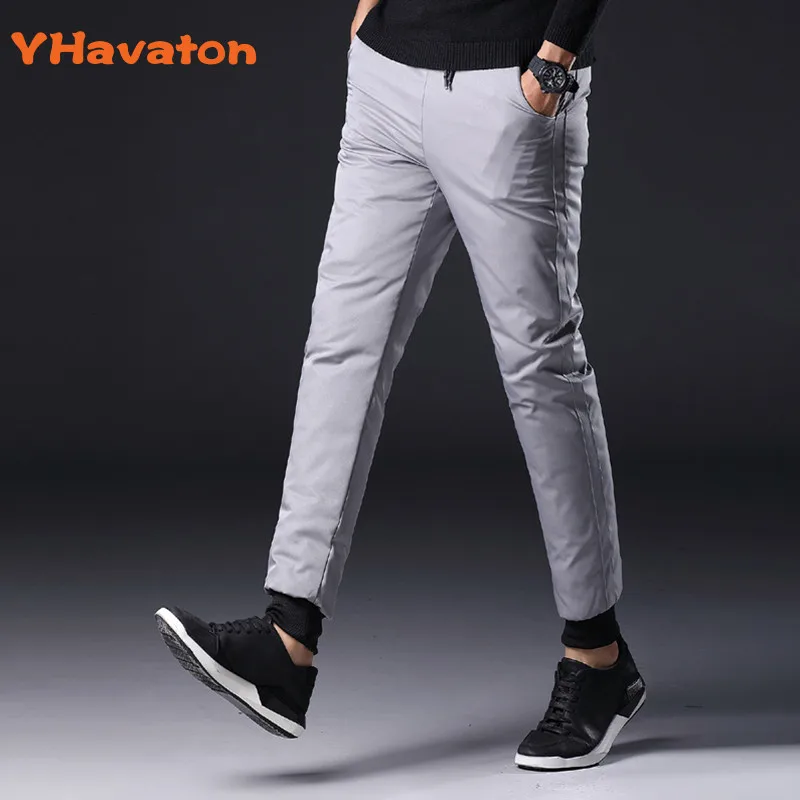 YHavaton Winter Mens 90% White Duck Down Pants Quality Elastic Waist Slim Snow Pants Warm Down Padded Trousers Male Outerwear - Цвет: Gray