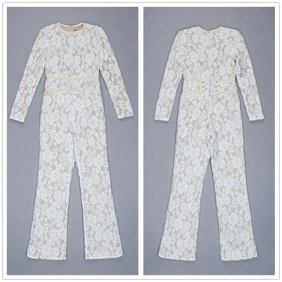 New lace full length jumpsuit fashion women's long sleeve wide leg Bodycon onesies celebrity runway party jumpsuit