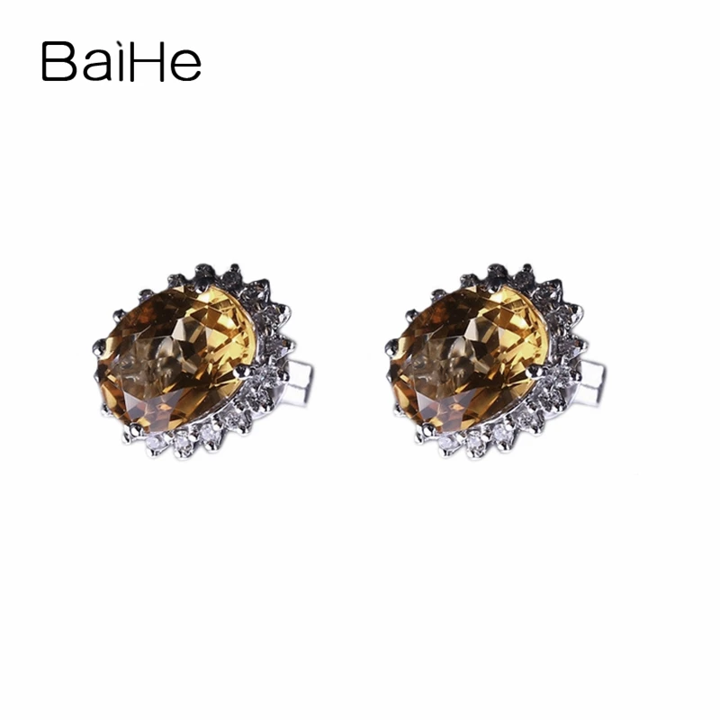 Серьги гвоздики BAIHE из белого золота с натуральным цитрином 14 к 5 х7 мм|stud earrings|citrine