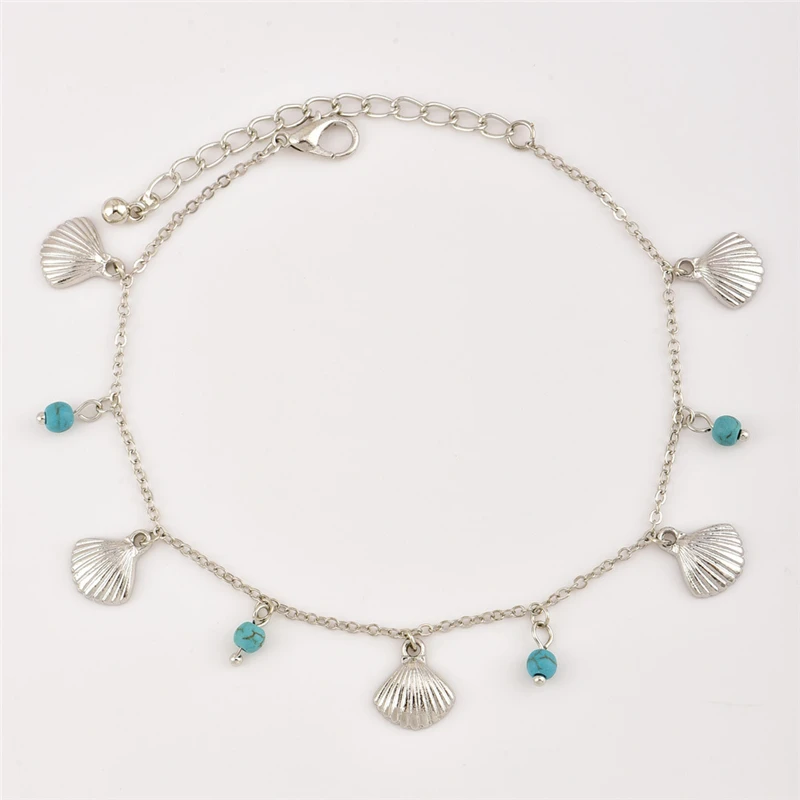 VIVILADY Tibetan Silver Color Tassel Alloy Shell Pendant Women Beach Anklets Chic Round Blue Turkish Stone Bead Foot Jewelry | Украшения и