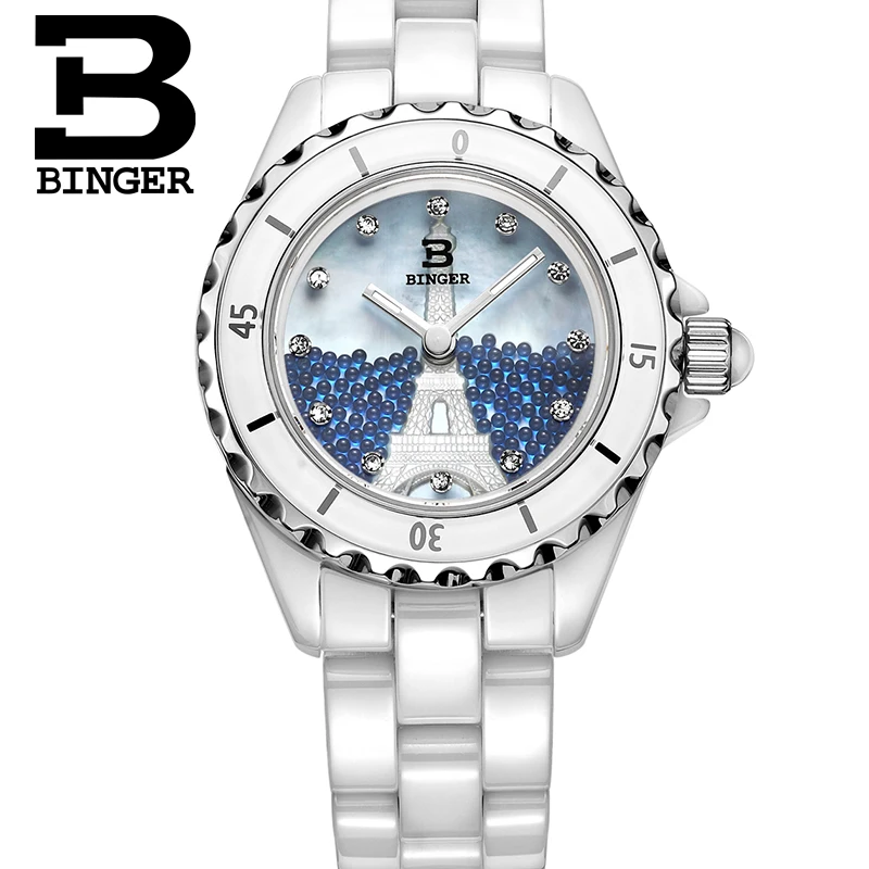 Switzerland Binger ceramic wristwatches Women's watches fashion quartz clock Round rhinestone watches Water Resistant BG-8008L-4
