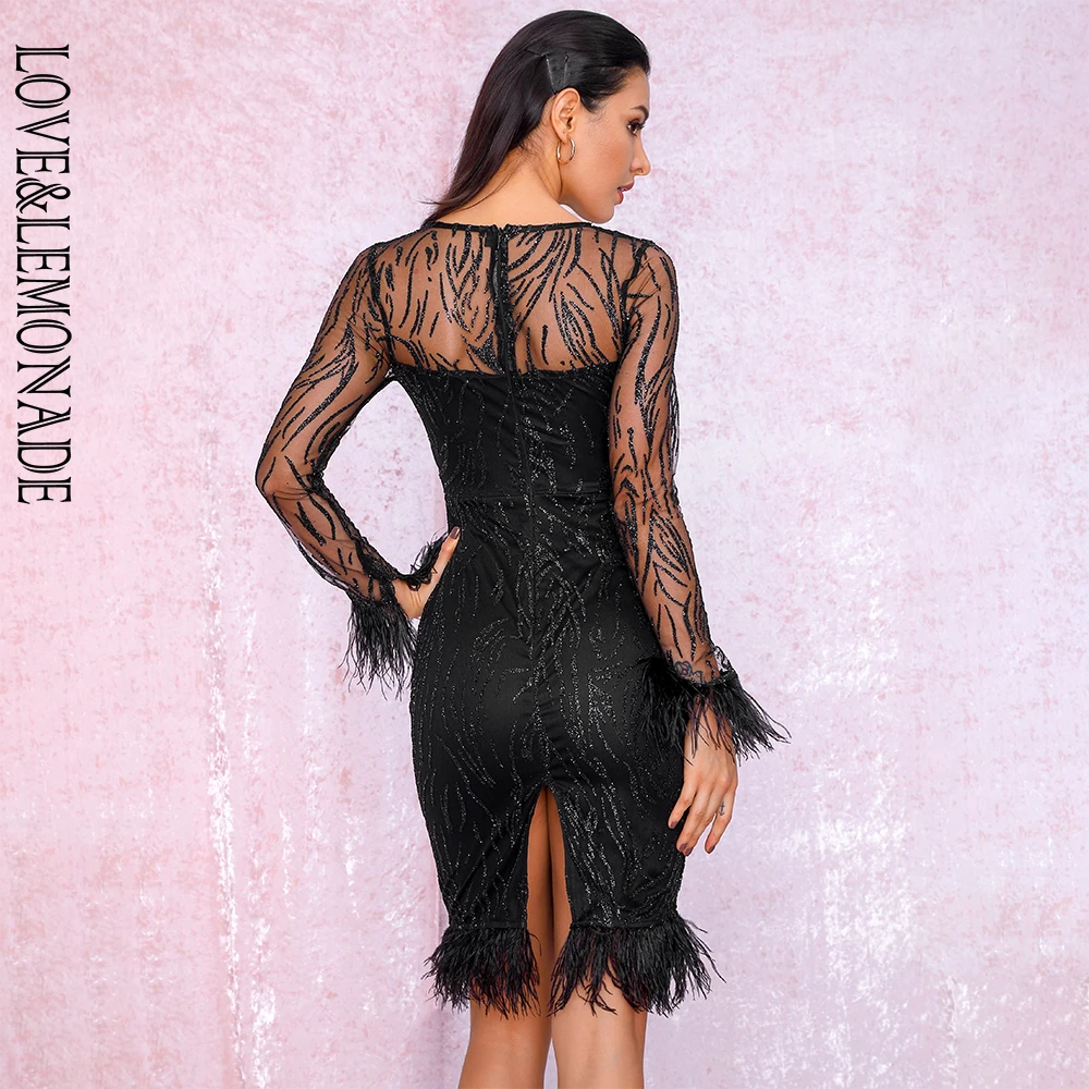 LOVE&LEMONADE Пикантные черные тюбики Топ Тонкий Fit перья Блестящий проклеенный материал вечерние платья LM81788