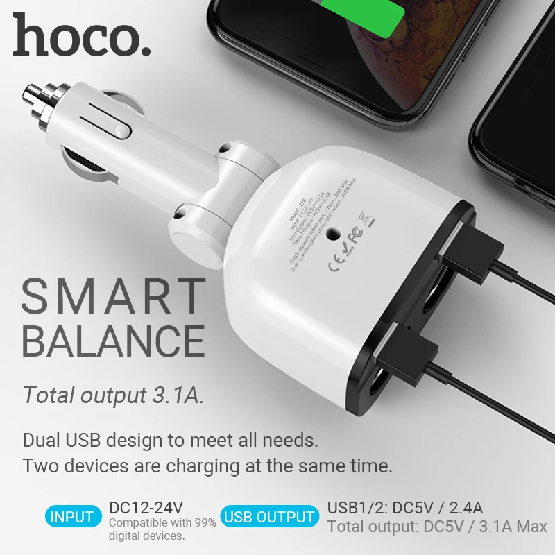 hoco dual cigarette lighter adapter usb a port car charger splitter 12v 24v for iphone samsung xiaomi android | Мобильные телефоны