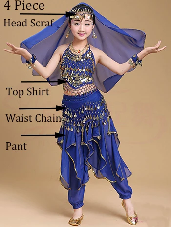 Blue 4 Piece Костюм для танца живота для девочек, детское платье для индийского танца, Детские Танцевальные Костюмы Болливуда для девочек, танцевальная одежда для выступлений, 6 цветов - Цвет: Blue 4 Piece