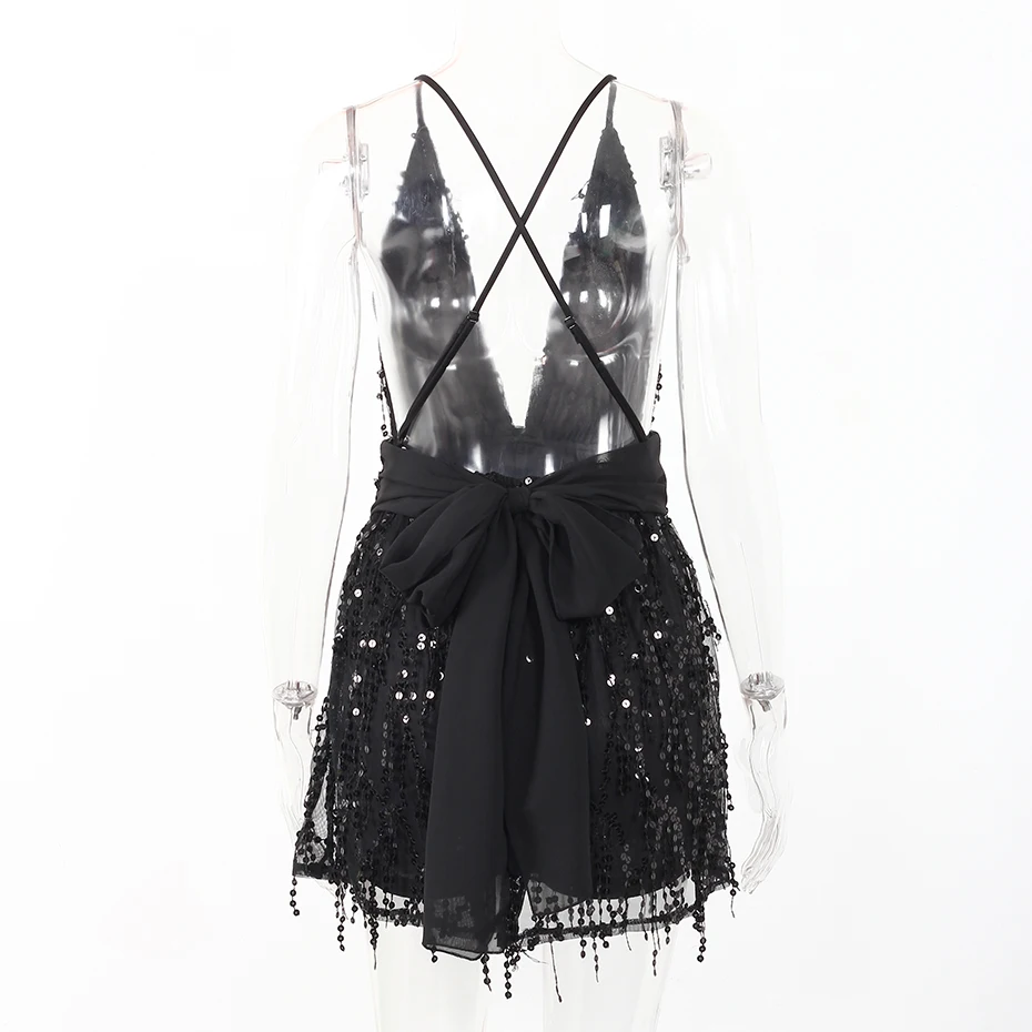 Women Party Dresses Summer New Fashion Sleeveless Deep V Neck Sequin Dress Women Black Spaghetti Strap Sexy Dress Backless