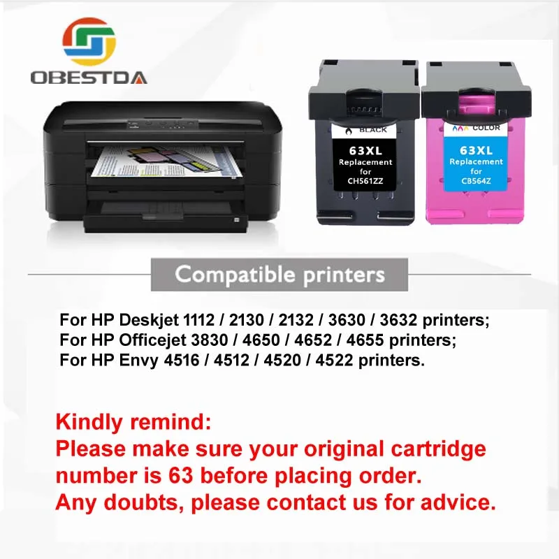 Obestda 63XL Re изготовлено картридж Замена для HP 63 XL чернильный с чернилами Deskjet 1110 1111