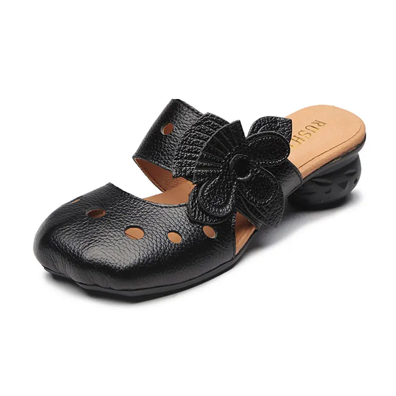 Черный Xiuteng Hollow Sandals Flowers Pattern Genuine Leather Big Head Adjustable Daily Sandals Ladies Shoes Spring New Women Slippers - Цвет: Черный