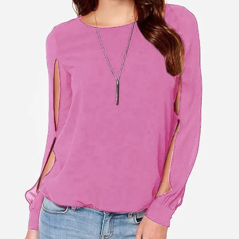 2018 Women Blouse Long Sleeve Hollow Out Sexy Casual Shirt Fashion Chiffon Tops Blue Pink Purple O neck |