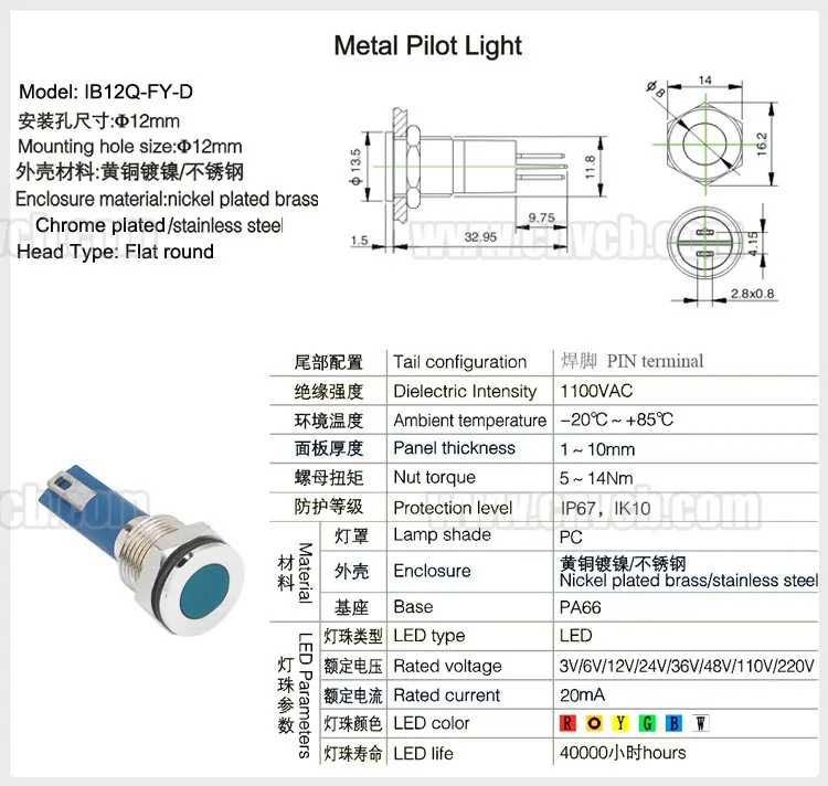 12 мм Маленькая сигнальная Светодиодная лампа металлический корпус контактный