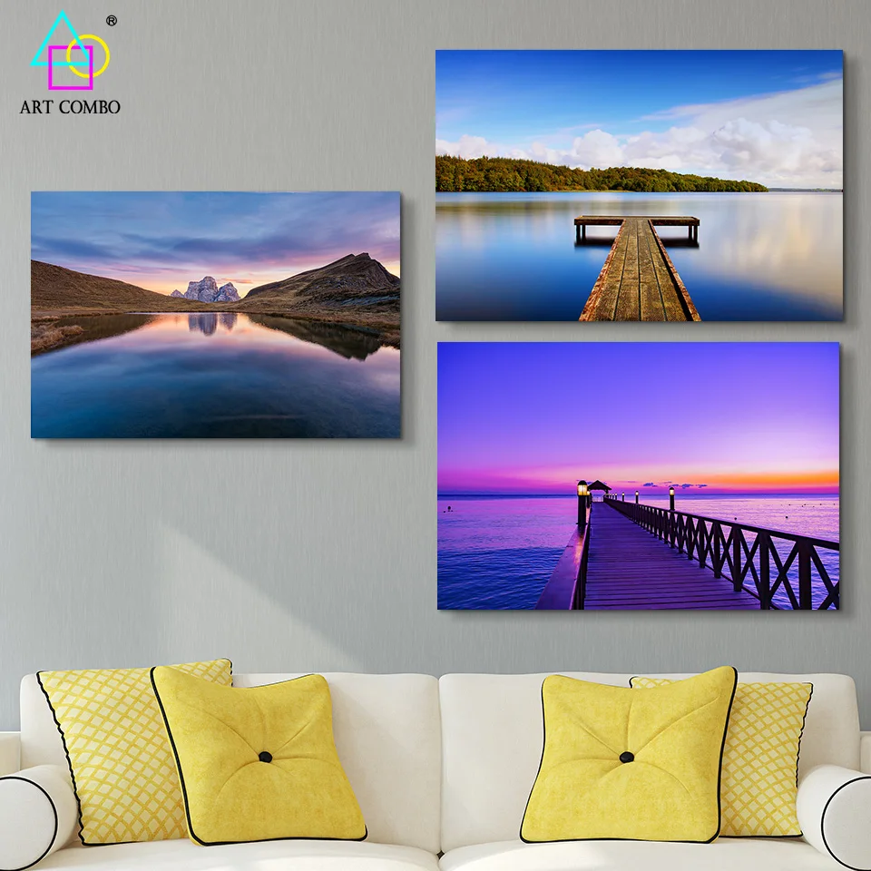 Безрамное Современные Холст Картина Красивый Пейзаж Горы Озеро Мост Wall Art Picture Home