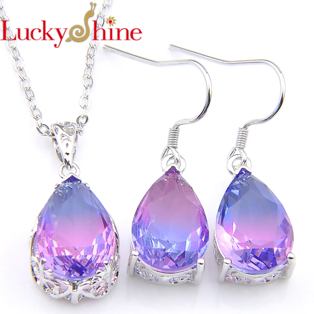 Luckyshine,, 925 серебряное ожерелье, подвеска, серьги, Женские Ювелирные наборы, Би цветные, турмалин, фиолетовый, капля воды, набор